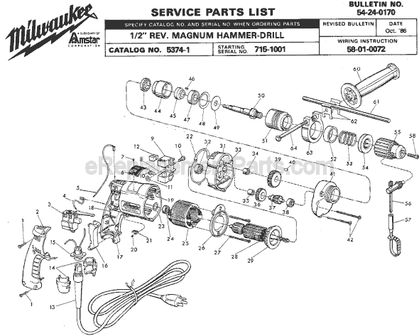 Page A Diagram and Parts List for 5374-1 SER 715-1001 Milwaukee Electric Drill