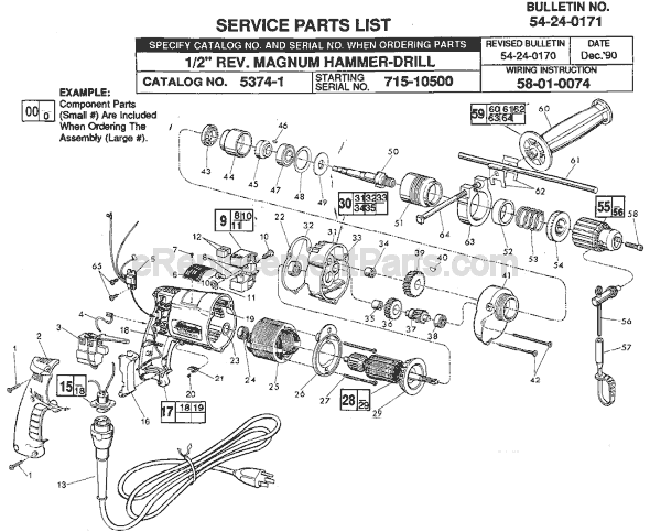 Page A Diagram and Parts List for 5374-1 SER 715-10500 Milwaukee Electric Drill