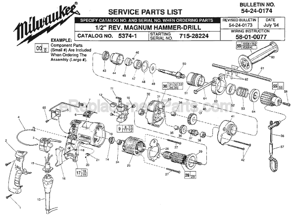 Page A Diagram and Parts List for 5374-1 SER 715-28224 Milwaukee Electric Drill