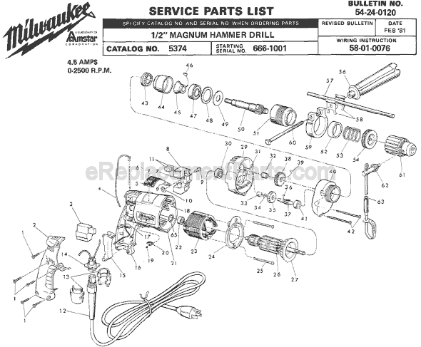 Page A Diagram and Parts List for 5374 SER 666-1001 Milwaukee Electric Drill
