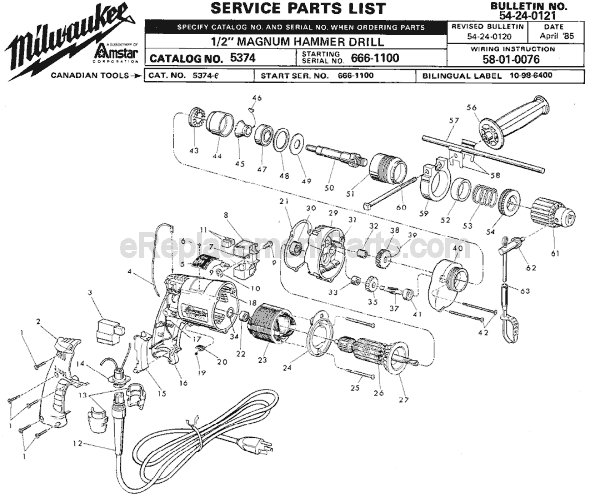 Page A Diagram and Parts List for 5374 SER 666-1100 Milwaukee Electric Drill
