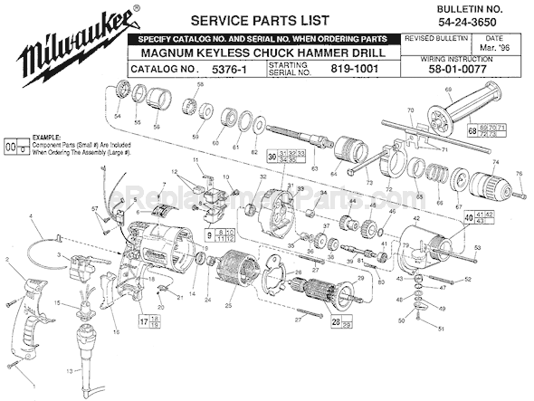 Page A Diagram and Parts List for 5376-1 SER 819-1001 Milwaukee Hammer Drill