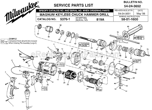 Page A Diagram and Parts List for 5376-1 SER 819A Milwaukee Hammer Drill