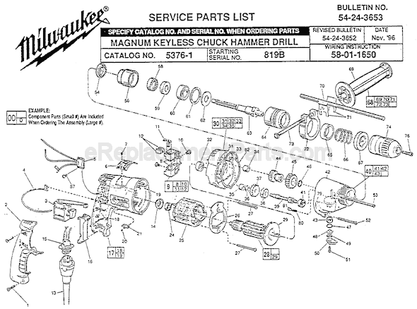 Page A Diagram and Parts List for 5376-1 SER 819B Milwaukee Hammer Drill