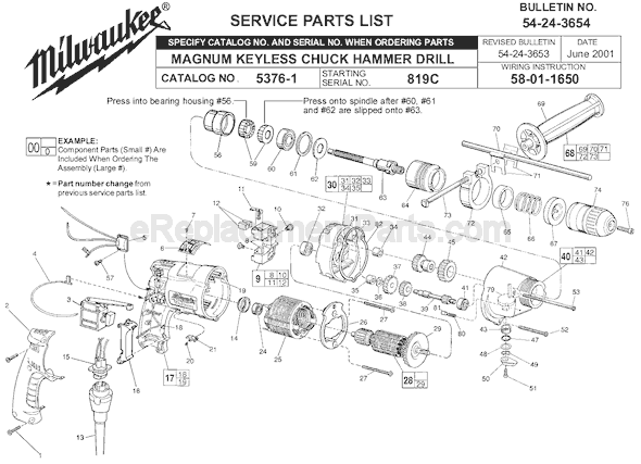 Page A Diagram and Parts List for 5376-1 SER 819C Milwaukee Hammer Drill