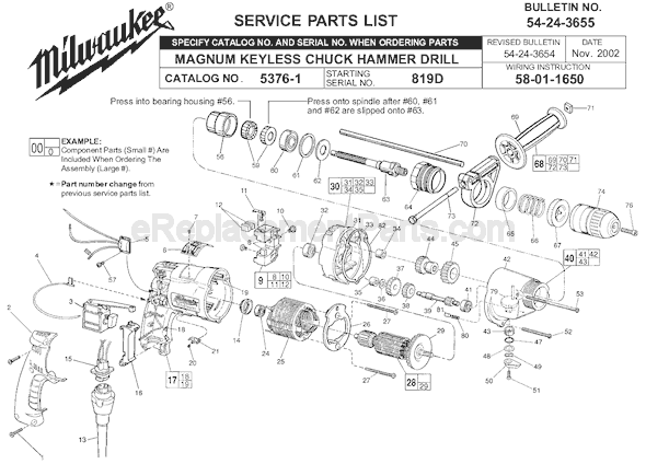 Page A Diagram and Parts List for 5376-1 SER 819D Milwaukee Hammer Drill