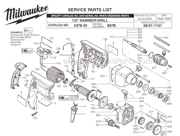 Page A Diagram and Parts List for 5378-20 SER 897B Milwaukee Electric Drill