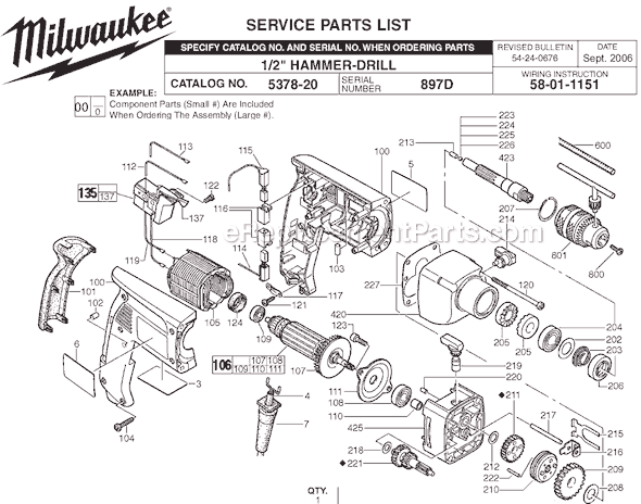 Page A Diagram and Parts List for 5378-20 SER 897D Milwaukee Electric Drill