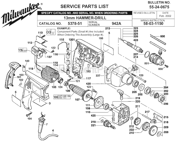 Page A Diagram and Parts List for 5378-51 SER 942A Milwaukee Hammer Drill