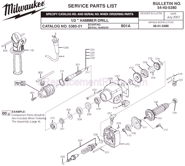Page A Diagram and Parts List for 5380-21 SER B01A Milwaukee Hammer Drill