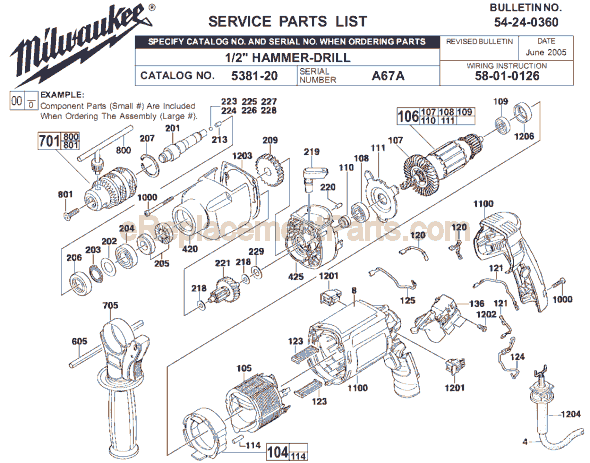 Page A Diagram and Parts List for 5381-20 SER A67A Milwaukee Hammer Drill