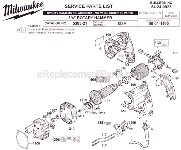 Page A Diagram and Parts List for 5383-21 SER 183A Milwaukee Demolition Hammer
