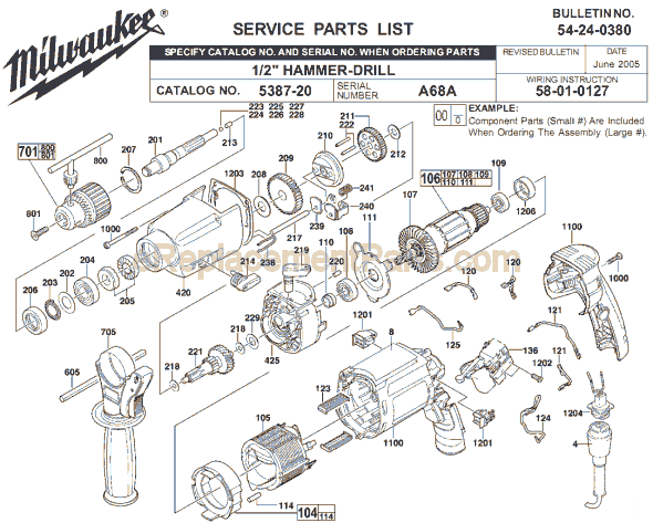 Page A Diagram and Parts List for 5387-20 SER A68A Milwaukee Hammer Drill