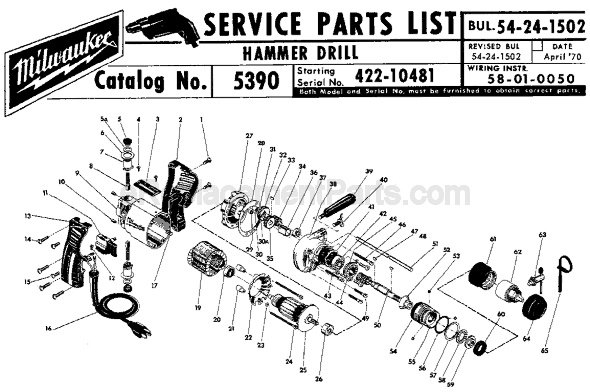 Page A Diagram and Parts List for 5390 SER 422-10481 Milwaukee Hammer Drill