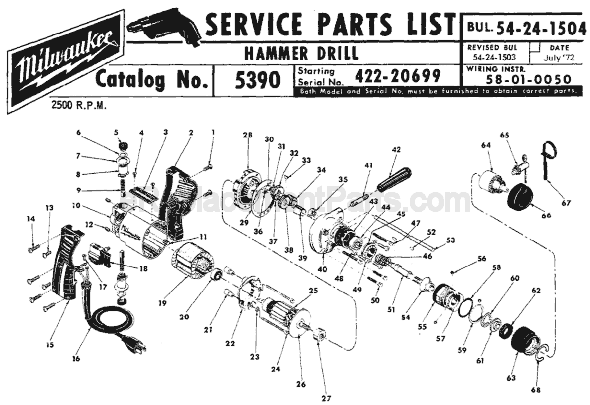 Page A Diagram and Parts List for 5390 SER 422-20699 Milwaukee Hammer Drill