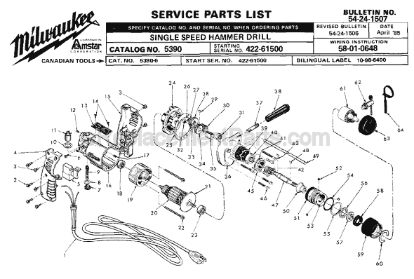 Page A Diagram and Parts List for 5390 SER 422-61500 Milwaukee Hammer Drill
