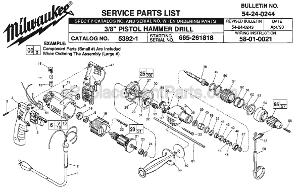 Page A Diagram and Parts List for 5392-1 SER 665-261818 Milwaukee Hammer Drill