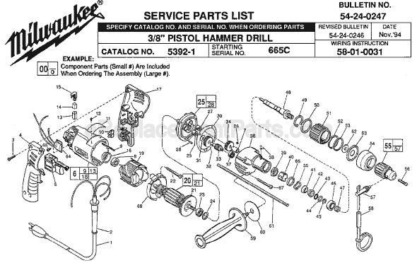 Page A Diagram and Parts List for 5392-1 SER 665C Milwaukee Hammer Drill