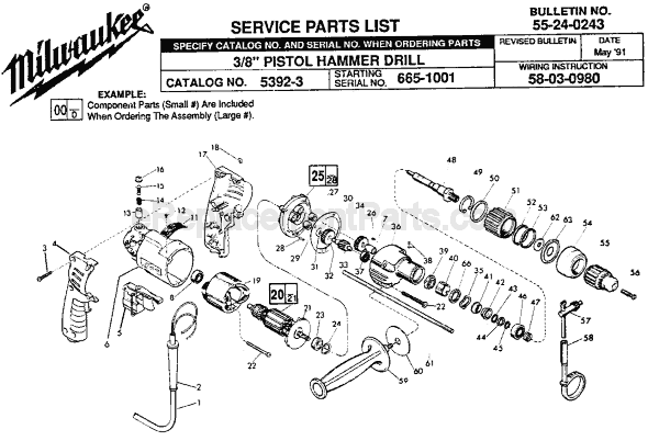 Page A Diagram and Parts List for 5392-3 SER 665-1001 Milwaukee Hammer Drill