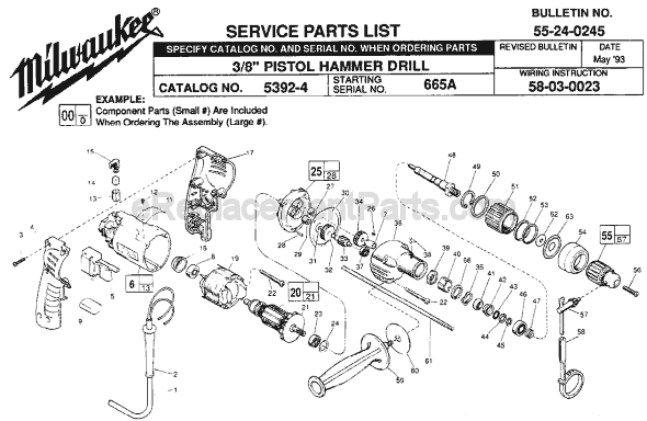 Page A Diagram and Parts List for 5392-4 SER 665-1001 Milwaukee Hammer Drill