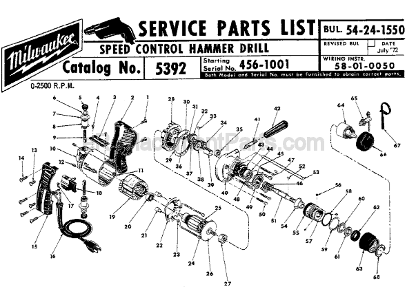Page A Diagram and Parts List for 5392 SER 456-1001 Milwaukee Electric Drill