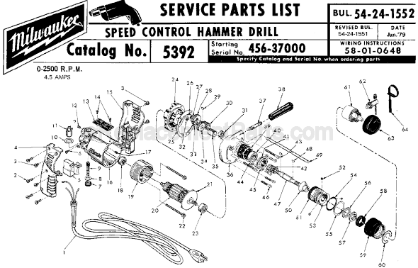 Page A Diagram and Parts List for 5392 SER 456-37000 Milwaukee Electric Drill