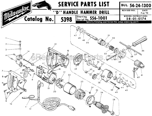 Page A Diagram and Parts List for 5398 SER 556-1001 Milwaukee Hammer Drill