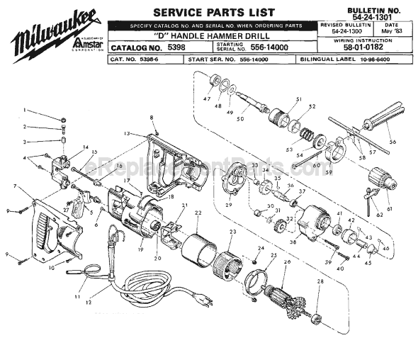 Page A Diagram and Parts List for 5398 SER 556-14000 Milwaukee Hammer Drill