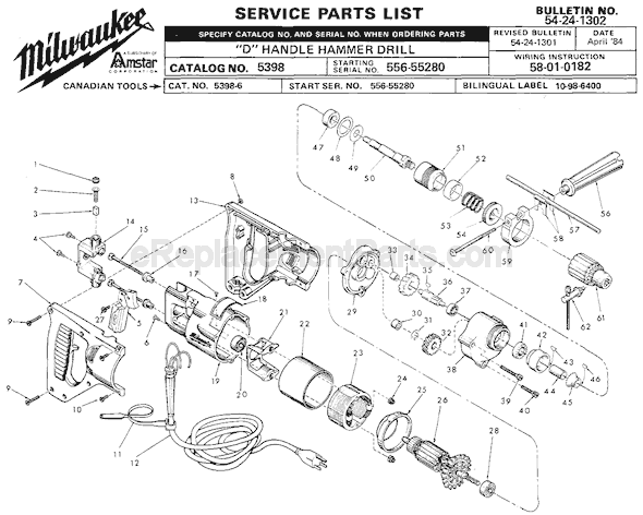 Page A Diagram and Parts List for 5398 SER 556-55280 Milwaukee Hammer Drill