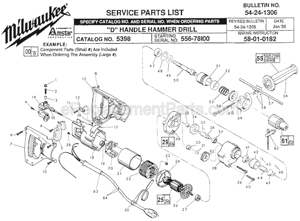 Page A Diagram and Parts List for 5398 SER 556-78100 Milwaukee Hammer Drill