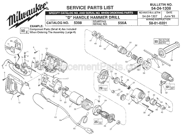 Page A Diagram and Parts List for 5398 SER 556A Milwaukee Hammer Drill