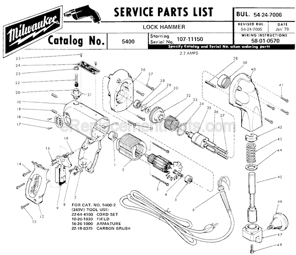 Page A Diagram and Parts List for 5400 SER 107-11150 Milwaukee Demolition Hammer