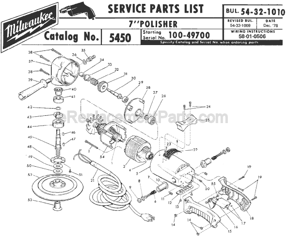 Page A Diagram and Parts List for 5450 SER 100-49700 Milwaukee Sander Polisher