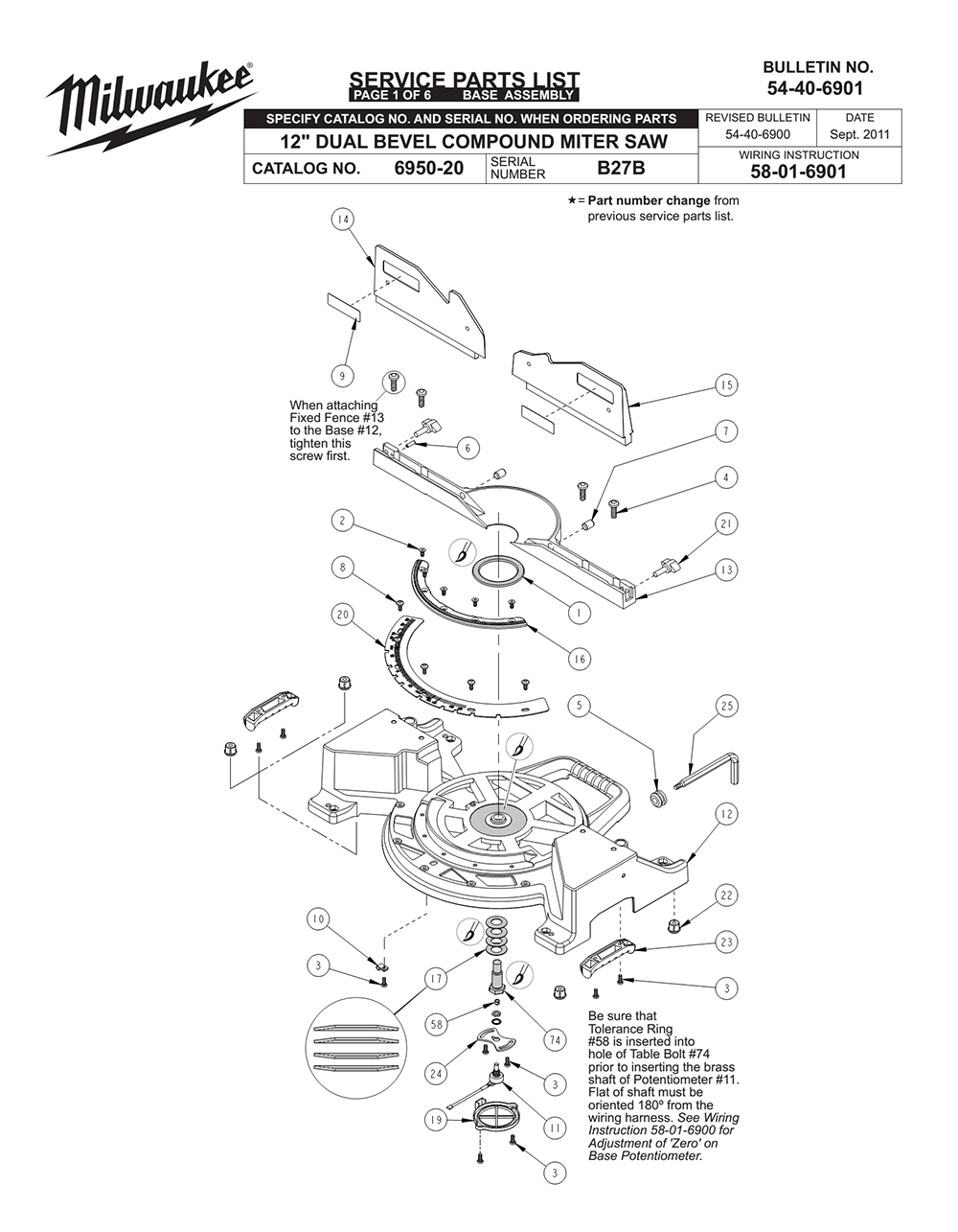 Fig-0 Diagram and Parts List for 6950-20 B27B Milwaukee Saw