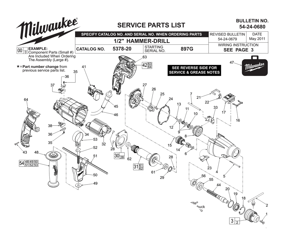 Fig-0 Diagram and Parts List for 5378-20 897G Milwaukee Electric Drill