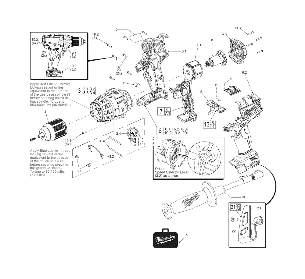 M18 Fuel Compact 1/2-Inch Hammer-Drill Diagram and Parts List for 2604-22 D56D Milwaukee Hammer Drill
