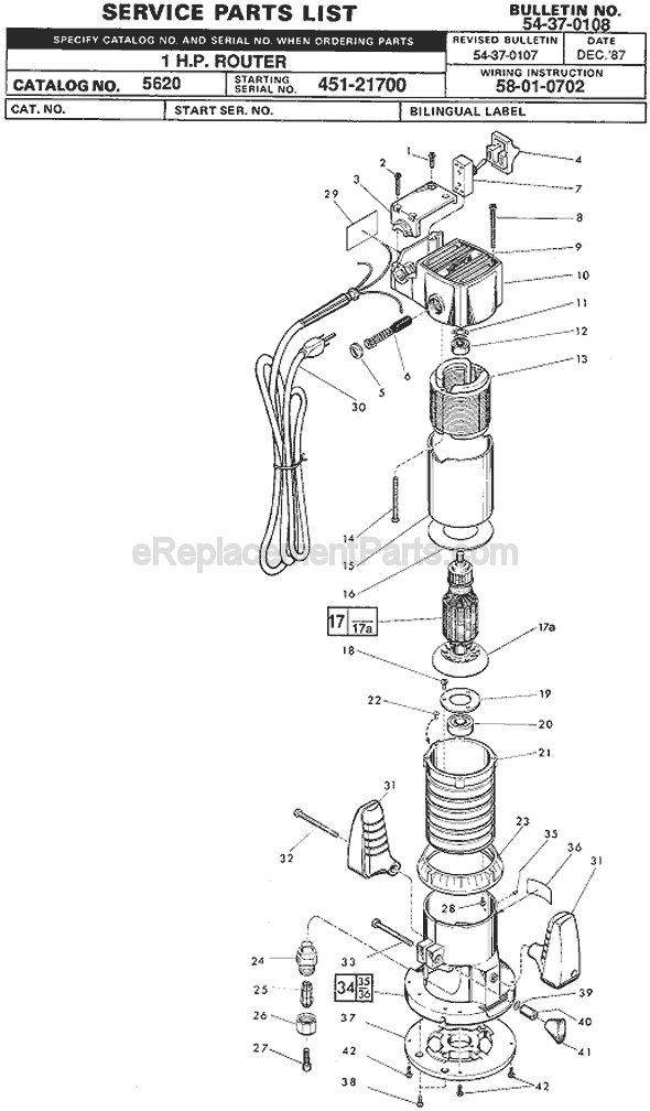 Page A Diagram and Parts List for 5610 SER 451-21700 Milwaukee Router