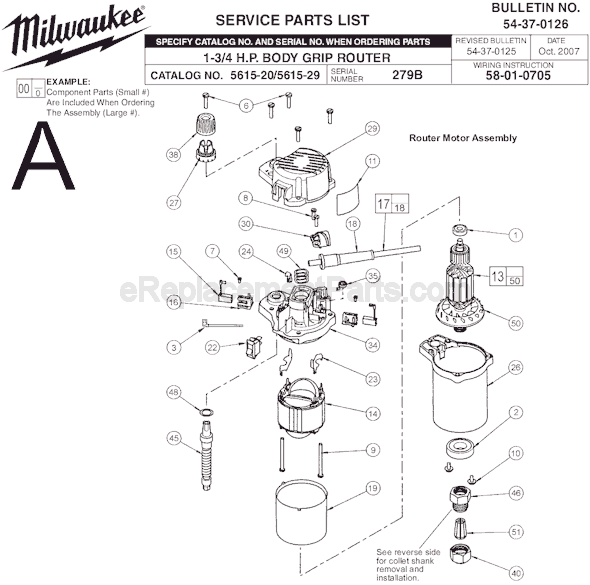 Page A Diagram and Parts List for 5615-29 SER 279B Milwaukee Router