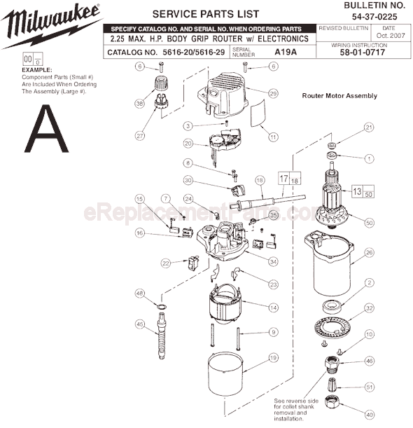 Page A Diagram and Parts List for 5616-29 SER A19A Milwaukee Router