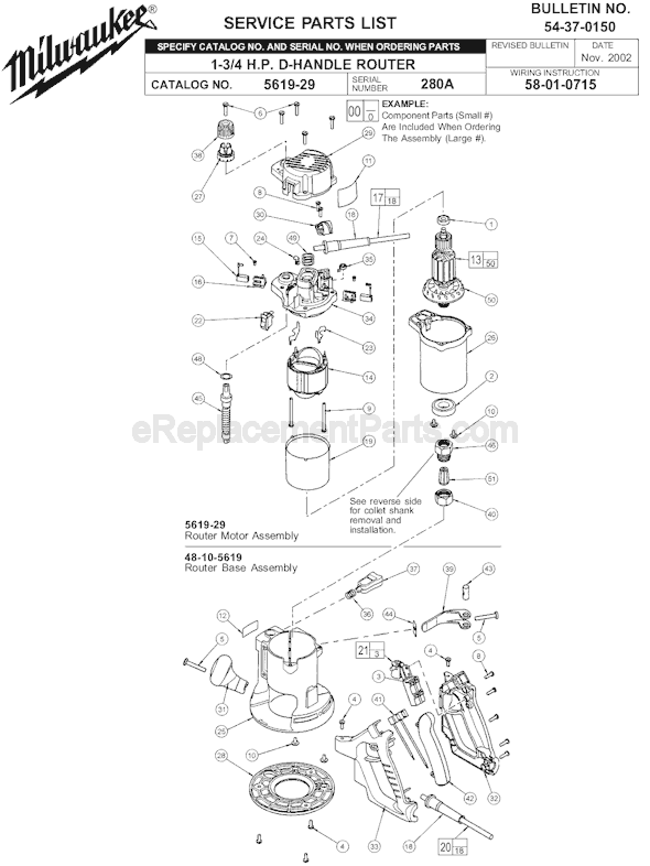 Page A Diagram and Parts List for 5619-29 SER 280A Milwaukee Router