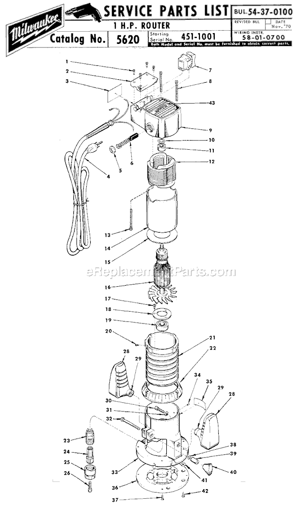 Page A Diagram and Parts List for 5620 SER 451-1001 Milwaukee Router