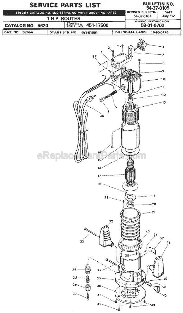 Page A Diagram and Parts List for 5620 SER 451-17500 Milwaukee Router
