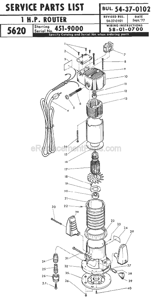 Page A Diagram and Parts List for 5620 SER 451-9000 Milwaukee Router