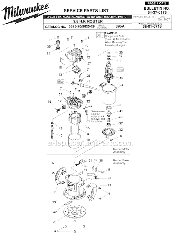 Page A Diagram and Parts List for 5625-20 SER 395A Milwaukee Router