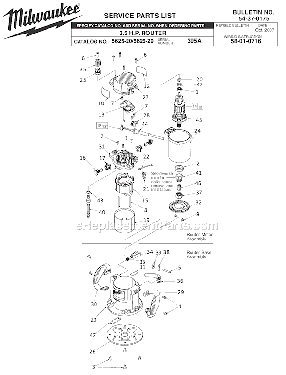 Page A Diagram and Parts List for 5625-29 SER 395A Milwaukee Router