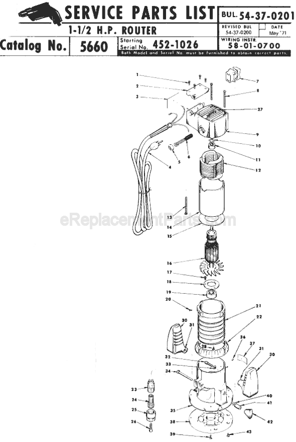 Page A Diagram and Parts List for 5650 SER 452-1026 Milwaukee Router