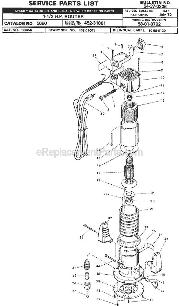 Page A Diagram and Parts List for 5650 SER 452-31801 Milwaukee Router