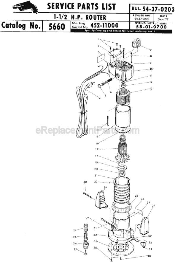Page A Diagram and Parts List for 5660 SER 452-11000 Milwaukee Router