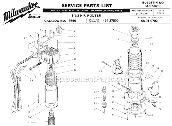 Page A Diagram and Parts List for 5660 SER B04A Milwaukee Router