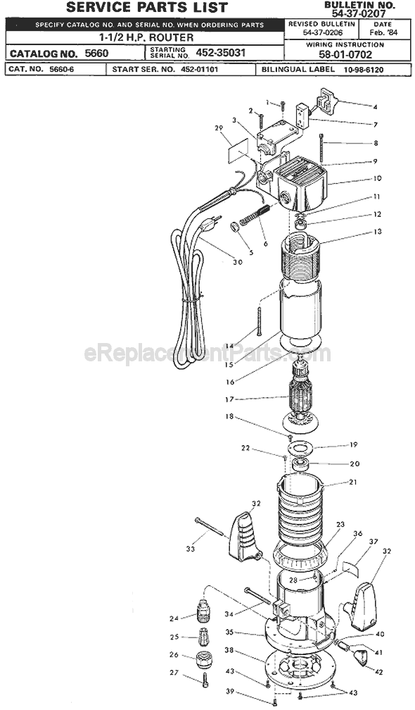 Page A Diagram and Parts List for 5660 SER 452-35031 Milwaukee Router